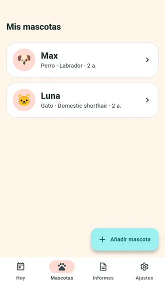 Lista de mascotas de Pawfolio con un perro y un gato