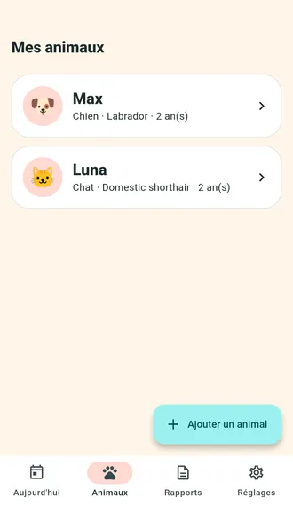 Liste des animaux dans Pawfolio avec un chien et un chat