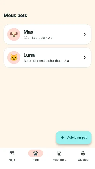 Lista de pets do Pawfolio com um cão e um gato