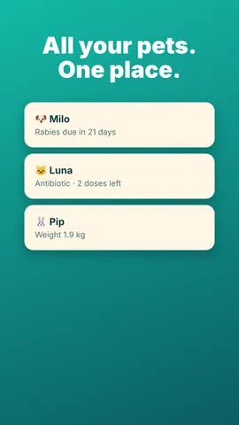 Pawfolio pet list with a dog, a cat and a rabbit and upcoming rabies, antibiotic and weight notes