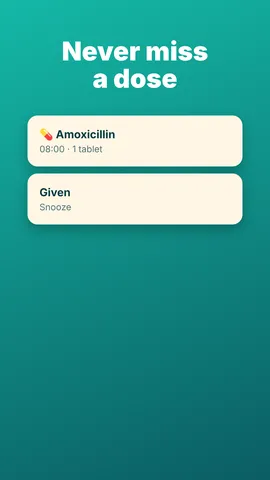 Pawfolio medication reminder for amoxicillin at 08:00 with Given and Snooze buttons