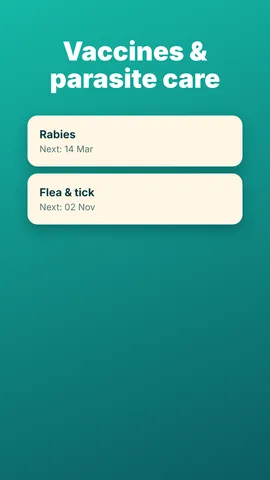 Pawfolio vaccine and parasite care list with next rabies and flea and tick dates
