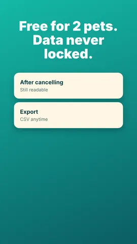 Pawfolio free for 2 pets panel: data still readable after cancelling, export as CSV anytime